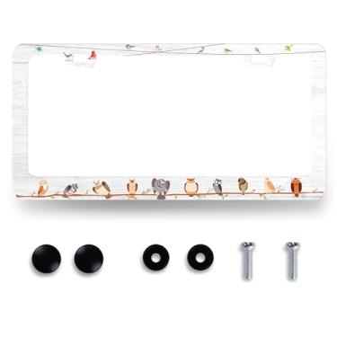 Imagem de Moldura de placa de licença de animais fofos com corujas e pássaros de desenho animado personaliza peças automotivas para homens mulheres decoração de carro aço inoxidável à prova de ferrugem placa de