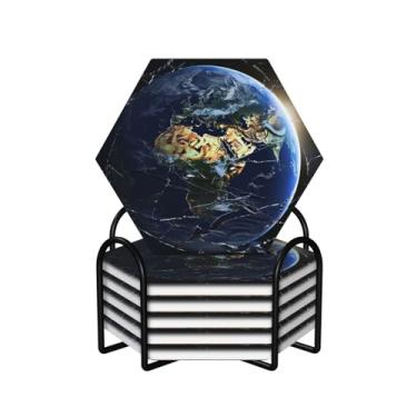 Imagem de Porta-copos para bebidas, conjunto de 6 porta-copos redondos absorventes de cerâmica antiderrapante com suporte e base de cortiça, tapete reutilizável para copos de terra para tipos de xícara
