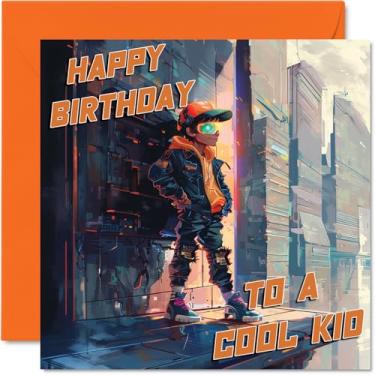 Imagem de Stuff4 Cartão de aniversário infantil para meninos e meninas - Cool Cyberpunk Boy Orange - Cartão de feliz aniversário para filho, filha, sobrinho, neto, crianças, ele, ela, 14 x 14 cm, cartões