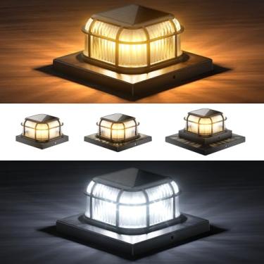 Imagem de TopVelo Poste de luz solar 4 pacotes com dois modos de luz, inclui base de 4 x 4, 5 x 5 e 6 x 6 x 6 para postes de vinil/madeira, luzes brilhantes de 16 LEDs decoram deck, pátio, varanda, cerca (preto