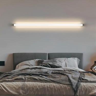 Imagem de GZZBMY Luz de parede longa LED com interruptor de botão operado por bateria arandela de parede recarregável alumínio minimalista lâmpadas de parede lineares para sala de estar quarto corredor corredor