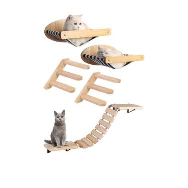 Imagem de Kit com 2 camas para gato 2 escadas 1 ponte em madeira natural e sisal