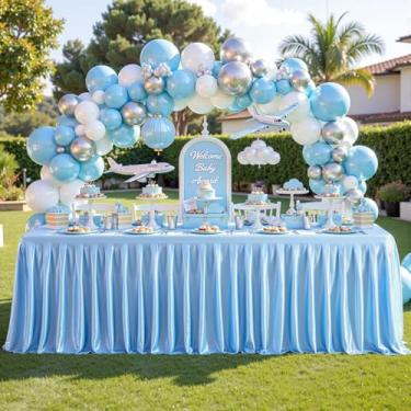 Imagem de Toalha de mesa azul bebê com glitter para mesas retangulares de 1,8 m, saia de mesa de festa brilhante resistente a amassados, saia de mesa de cetim lavável para feiras, festas, aniversário, casamento