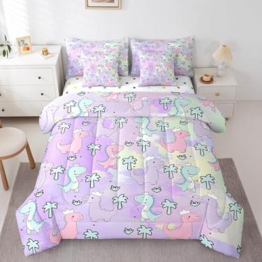 Imagem de Erosebridal Jogo de cama Queen com estampa de dinossauro, 7 peças, desenho kawaii, dinossauro, animais fofos, animais selvagens, folha de palmeira, verde, roxo, rosa