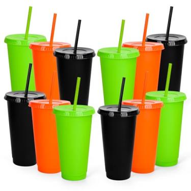 Imagem de Whaline 12 peças de copos de plástico de Halloween com tampas canudos preto laranja verde copo reutilizável 3 cores copos de caneca de viagem para café gelado bebidas suprimentos de festa, 680 g