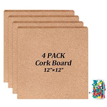 Imagem de Placa de cortiça com azulejos grossos de quadro de aviso, mini parede com 50 pinos de pressão, forte autoadesivo - Pacote com 4, 12"x12" - 1/2"