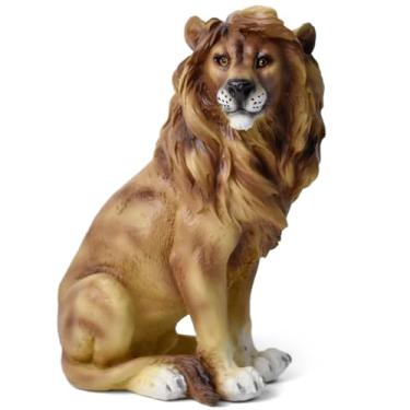 Imagem de Sengocis Pequena estátua de leão realista - decoração de mesa de 14 cm - Estatueta de resina premium para casa, escritório, prateleira e cornija - crina marrom-dourada