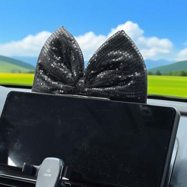 Imagem de Blueshyhall Volante de carro com nó de laço, decoração brilhante criativa, enfeite de tela de console central de painel fofo com adesivo adesivo, preto