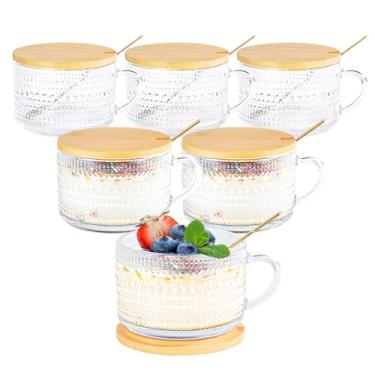 Imagem de Icesip Canecas de 400 ml, conjunto de 6 recipientes de vidro vintage Hobnail noturnos de aveia com alça de tampas de bambu, colheres, alça para café com leite, cereal, iogurte (6 unhas)
