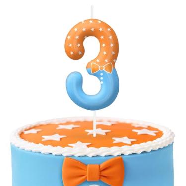 Imagem de Velas de aniversário número 3 azul laranja, topo de bolo com tema de desenho animado para decoração de bolo para meninos e meninas, decorações de aniversário, suprimentos de festa, velas com números