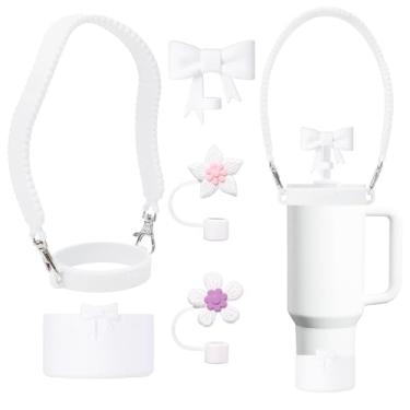 Imagem de SEEZIZI Conjunto de acessórios de laço de silicone Stanley Cup, incluindo alça de alça de garrafa de água, capas de palha fofas reutilizáveis e botas, compatível com Stanley 1,134 g e copo de 850 g