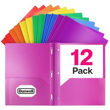 Imagem de Pasta de dois bolsos de plástico colorido com pinos, tamanho de letra, 2 pastas de bolso com fechos, Assorted 6-colors, 12 Pack