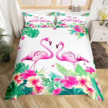 Imagem de jejeloiu Jogo de cama queen com estampa de flamingo, folha de palmeira, folhas tropicais, flores e flores, conjunto de edredom com tema de natureza de verão (sem edredom
