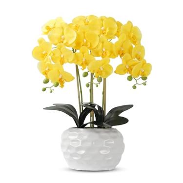 Imagem de Flores artificiais de orquídea com vaso branco, flores falsas grandes de seda Phalaenopsis, para sala de jantar, mesa, centro de mesa floral, decoração interna, amarelo