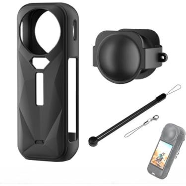 Imagem de Capa de silicone para Insta360 X5, capa protetora macia com capa de lente, à prova de choque, resistente a arranhões, proteção completa para acessórios de câmera de ação Insta360 X5 (com 2 cordões)