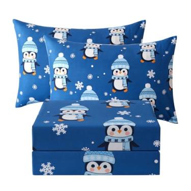 Imagem de JSD Jogo de lençol infantil pinguim flocos de neve de Natal, tamanho casal, 4 peças de microfibra com estampa azul