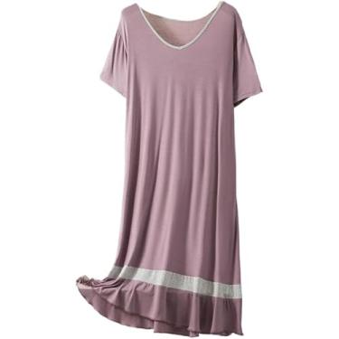 Imagem de Camisolas E Camisolas Femininas - Plus Size Mulheres Camisolas Modais Com Decote V Camisola Feminina De Manga Curta Camisola De Verão Casual Roupa De Dormir Patchwork Camisola, Purple, XXL