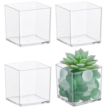 Imagem de Suream Pacote com 4 vasos de acrílico de 5,8 cm x 5,8 cm, vasos de flores quadrados para suculentas, cubos de plástico para eventos de festa de casamento, decoração de centros de casa