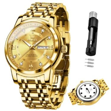 Imagem de OLEVS Relógio masculino pulseira de aço inoxidável impermeável 30 m calendário luminoso fragrância algodão para trabalho e ocasiões casuais popular, Ouro - 5513x