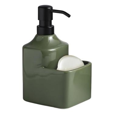 Imagem de Dispensadores de sabão de bancada de cerâmica com suporte de esponja, dispensador de sabão líquido 2 em 1 para mãos e pratos, bomba e suporte de esponja, organizador de bancada para pia de cozinha e