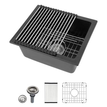 Imagem de Pia de bar preta de quartzo 18, Dcolora 45,7 x 40,6 cm, pia de cozinha de granito composto preto pequeno undermout bar Prep RV tigela única sob o balcão com acessórios