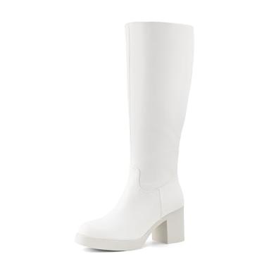 Imagem de Shoe'N Tale Botas de cano alto plataforma femininas salto grosso, bico redondo, zíper lateral, Branco, 38