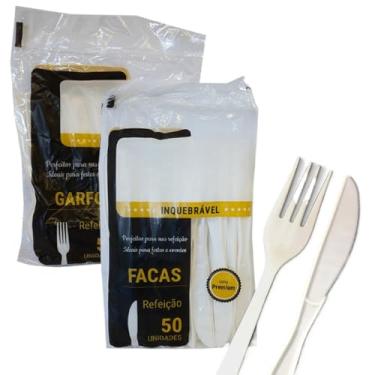 Imagem de Talher Garfo e Faca Inquebrável Descartavel Premium Refeição Churrasco Reforçado (Branco)