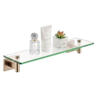 Imagem de KOKOSIRI Prateleiras de parede, ferragens de banheiro, prateleira flutuante de vidro, 50 cm para quarto, sala de estar, cozinha, rack de pendurar champanhe bronze B1105CPG-L20