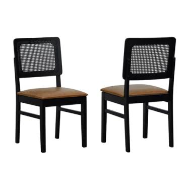 Imagem de Kit 2 Cadeiras Madeira Maciça Lyon Encosto Telinha - Preto - Assento Estofado Corano Marrom Mescla