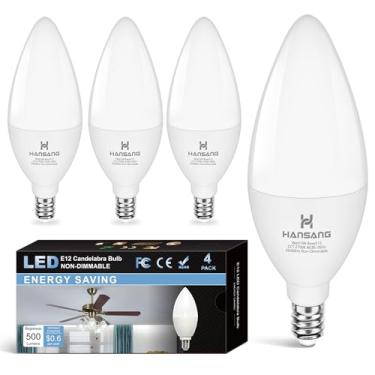 Imagem de hansang Lâmpadas LED de candelabro E12 2700K branco quente, equivalente a 60 watts, lâmpada tipo B para lustre, lâmpadas de ventilador de teto 5W B11 base pequena, 500 lm, 120 V, não regulável, pacote