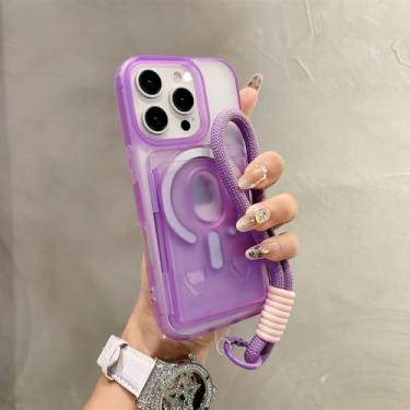 Imagem de Capa magnética transparente fosca com porta-cartões para iPhone 16, 15, 14, 13, 12, 11, 16 Pro Max Plus, alça de pulso, capa com cordão, roxa, para iPhone 16