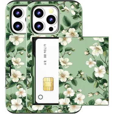 Imagem de MUQR Capa compatível com iPhone 15 Pro Max com porta-cartão fofo - Design Kawaii, proteção contra quedas de grau militar, capa carteira robusta para mulheres (flores de magnólia verde florais)
