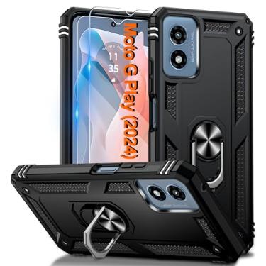 Imagem de Capa para Motorola Moto G-Play-2024 com 2 peças de protetor de tela HD, capa resistente para celular para smartphone com anel magnético com suporte para celular [ン ] Capa para Moto GPlay 2024, preta