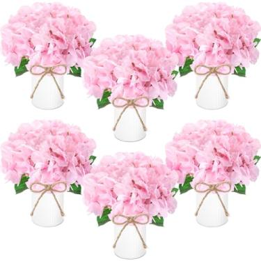 Imagem de Mimorou 6 conjuntos de mesa de flores de hortênsias artificiais rosa para casamento artificial com vaso de metal rústico para escritório, casa, cozinha, mesa, casamento, decoração de chá de noiva