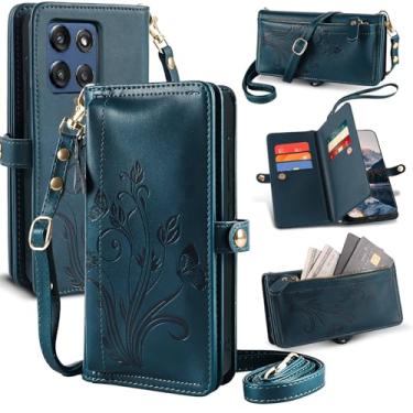 Imagem de Lacass Capa carteira para Motorola Moto G Stylus 2025, [proteção contra roubo de cartões] Suporte de cartão com zíper de couro flip alça de pulso transversal com suporte (verde ciano floral)