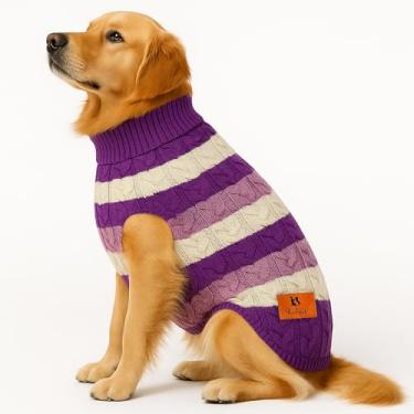 Imagem de Richpet Suéter clássico listrado para cães, leve e elástico de lã de gola rolê | Pulôver de malha de gola alta macio e quente (roxo, branco, P (35,5 cm)