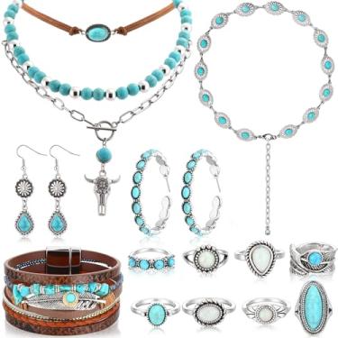 Imagem de Misdary Conjunto de 15 peças de joias turquesa ocidental boho ocidental ajustável cinto anéis e colar vintage turquesa brincos pulseira para mulheres