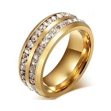 Imagem de FuZhiBang NL10 Anel de noivado masculino feminino 8 mm titânio aço inoxidável altamente polido banhado a ouro 18 K conjunto de canais zircônia cúbica CZ aliança de noivado unissex ouro ajuste