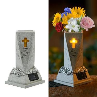 Imagem de Vaso de cemitério, vaso solar decorativo de cometério com luzes de LED para flores frescas ou artificiais, porta-flores de túmulo solar, vasos de lápides, presentes de simpatia e memorial para a perda