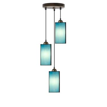 Imagem de L-Juicwe Luminária pendente Tiffany de 3 luzes de vitral azul azul ajustável para sala de jantar no teto, quarto, corredor
