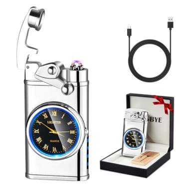 Imagem de RSBYE Isqueiro elétrico recarregável por USB, isqueiro de plasma de arco duplo à prova de vento, isqueiros eletrônicos sem chama com indicação de bateria LED para homens (relógio prateado)