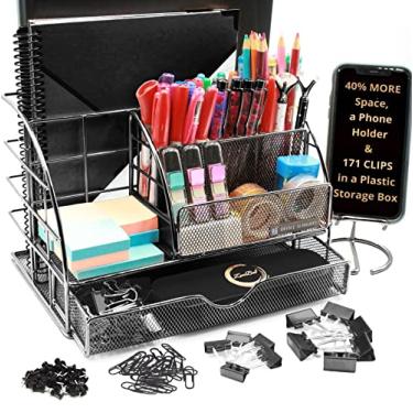 Imagem de OFFICE ALMIGHTY Organizador de mesa preto para homens: organizador grande de suprimentos de metal de malha 7 em 1 com porta-canetas, suporte de pasta e gaveta de acessórios, um suporte de telefone +