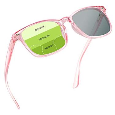Imagem de YEIN Óculos presbiopicos multifocais progressivos, óculos de sol cinza fotocrômicos, ampliação de 0,00/+1,00 para homens/mulheres, Rosa claro, 0/+1.50