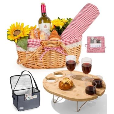 Imagem de Cesta de piquenique para 4 pessoas com mesa e cobertor, bolsa térmica dobrável, conjunto de piquenique para praia, cesto de piquenique, datas essenciais para piquenique ao ar livre, presente de