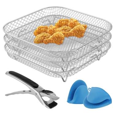 Imagem de Racks de fritadeira a ar, acessórios quadrados de 20 x 20 cm com clipe, cesta de grelha de 3 camadas de aço inoxidável 304 com aquecimento total de 360°, desidratador empilhável, bandeja de cesta para