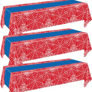 Imagem de Qouui 3 toalhas de mesa com tema de aranha, capas de mesa descartáveis de plástico 137 x 272 cm para festas de aniversário, Halloween, artigos de mesa retangulares para meninos e festas de aniversário