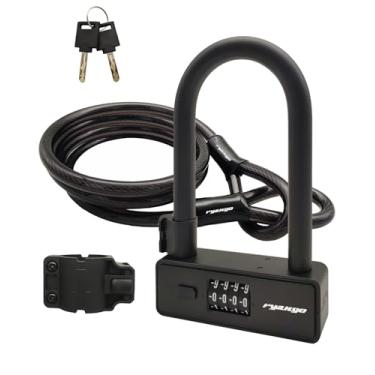 Imagem de RYANGO Combinação de bicicleta U Lock, bloqueio em U para bicicleta resistente antifurto com cabo de aço de 1,8 m, trava U de bicicleta de 4 dígitos com suporte de montagem para bicicleta, motocicleta