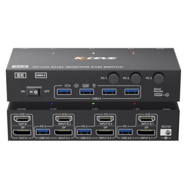 Imagem de 4K@144Hz KVM Switch 2 Monitores 3 Computadores, Camgeet USB 3.0 HDMI Displayport Dual Monitor KVM Switch para 3 PC 2 Monitores e 4 Portas USB 3.0, Adaptador 12V e Controle Remoto com Fio Incluídos