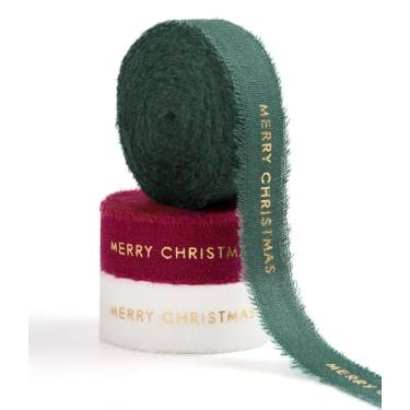 Imagem de Honeymyth Fita de algodão 5/20.3 cm x 21 m marfim/vermelho/verde escuro fita de tecido desgastado artesanal para embrulho de presente, convites de casamento, buquês de noiva, chás de bebê, decoração