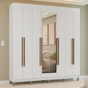Imagem de Guarda-Roupa Casal com Pés 8 Portas Batentes com Espelho Branco/Branco/Rustic Venus Madesa